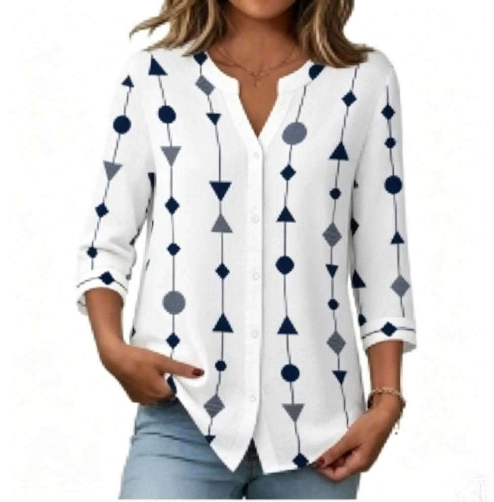 new european and american style women's v-neck printed shirt casual long sleeve t-shirt