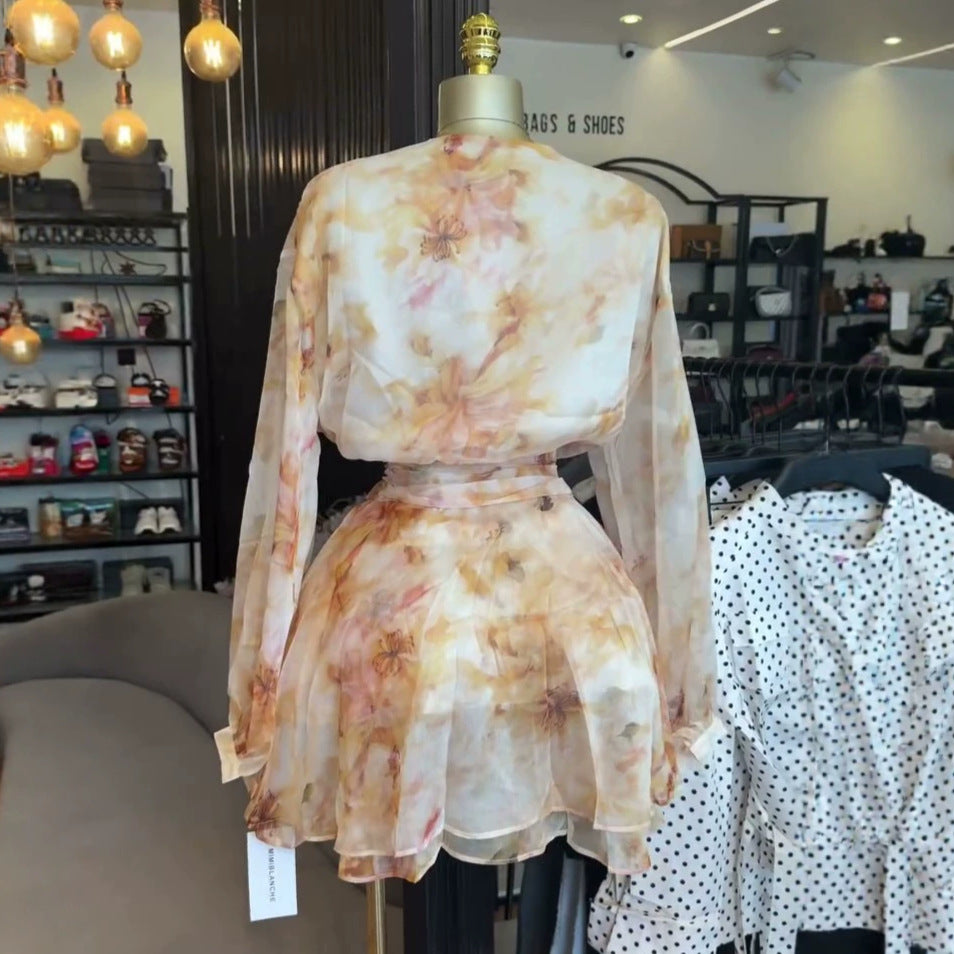 European and american cross-border women's fashion:  summer new arrivals - sweet print, gentle style, cinched waist, tie-waist, long sleeve, short dress