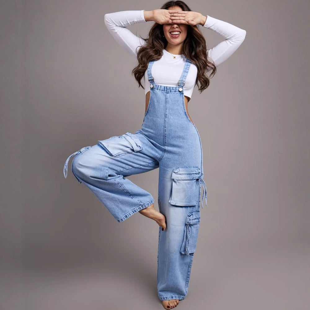 European and american style women's casual straight-leg denim overalls -  cross-border women's streetwear multi-pocket denim jumpsuit