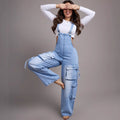 European and american style women's casual straight-leg denim overalls -  cross-border women's streetwear multi-pocket denim jumpsuit