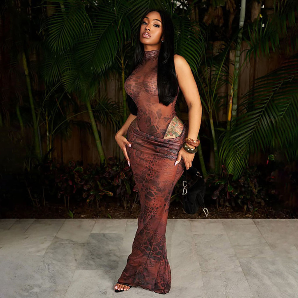 Europe and the United States 2025 new summer women's clothing sexy Spice Girls semi-turtleneck sleeveless mesh animal pattern printing dress set