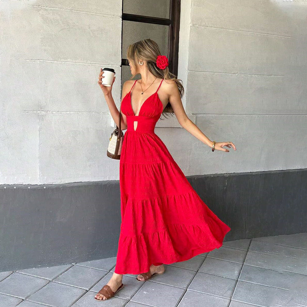 foreign trade women's sexy red slip dress spring/summer v-neck european and american style maxi dress