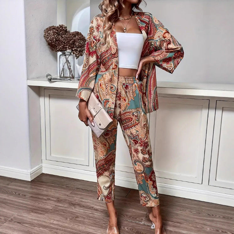 European and American   printed cardigan set women's long sleeves