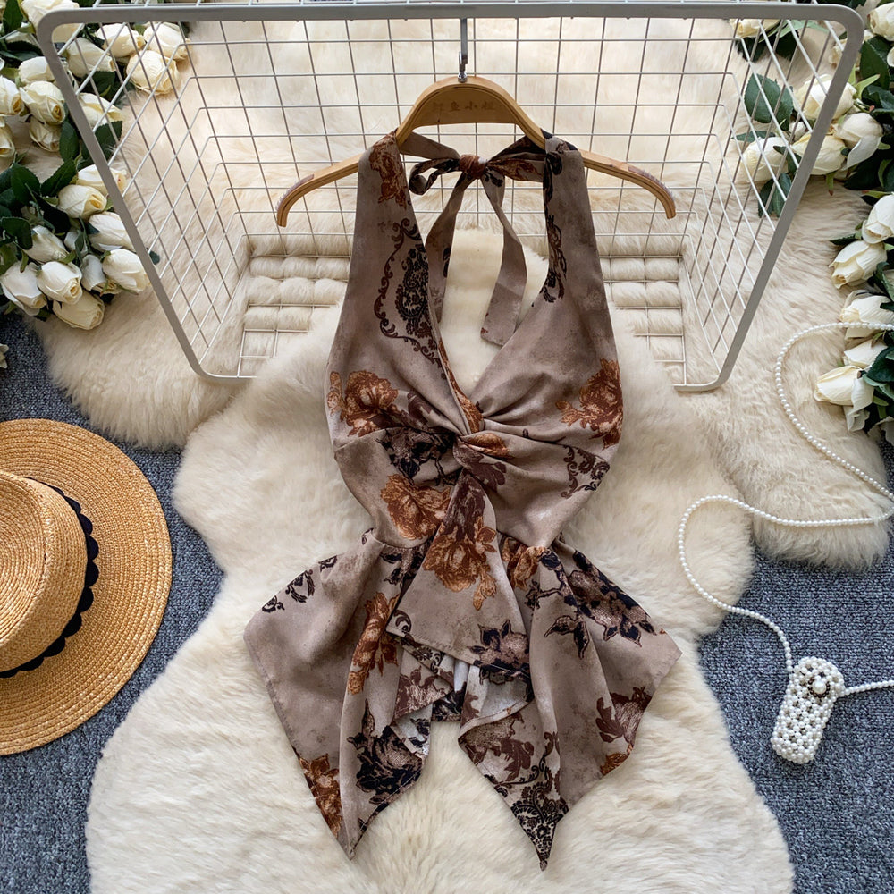 Sexy pure lust style vacation style v neckhalter vest women's summer twist tie backless hot girl eleganttops