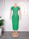 export v-neck sexy evening gown african plus size women's clothing  rhinestone tweed dress