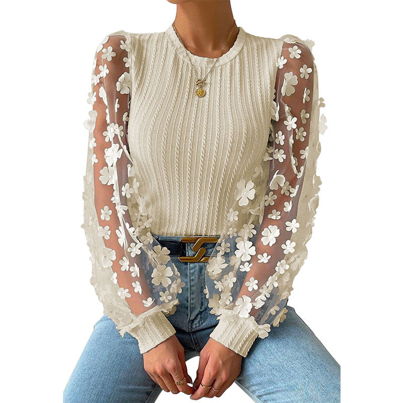 European and American  women's clothing, mesh floral chiffon shirt women's 2024 spring and summer round neck thin pullover long-sleeved top