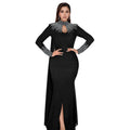 C7381 cross-border   fashion women's elegant see-through rhinestone long sleeve bodycon dress