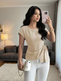 cross-border fashion casual crew neck solid color asymmetrical ruffle hem tank top short sleeve top for  us & europe