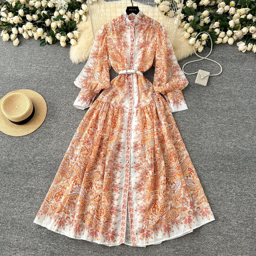 early spring resort style stand collar lantern sleeve printed single-breasted cinched waist dress - women's pleated elegant maxi dress