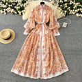 early spring resort style stand collar lantern sleeve printed single-breasted cinched waist dress - women's pleated elegant maxi dress