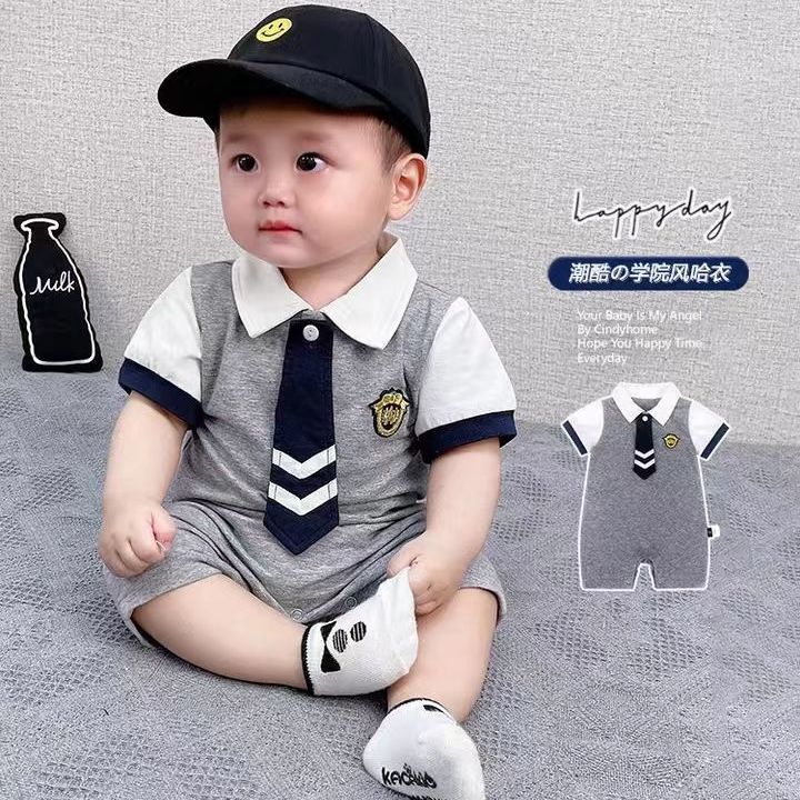 Summer baby super stylish korean academy style romper - unisex baby boy/girl cool & fashionable short sleeve gentleman style crawling suit
