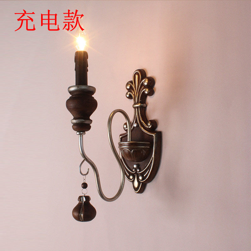 American retro wall lamp - cordless charging, solid wood, french style for living room, bedroom, bedside, hallway, stairway, candle wall sconce
