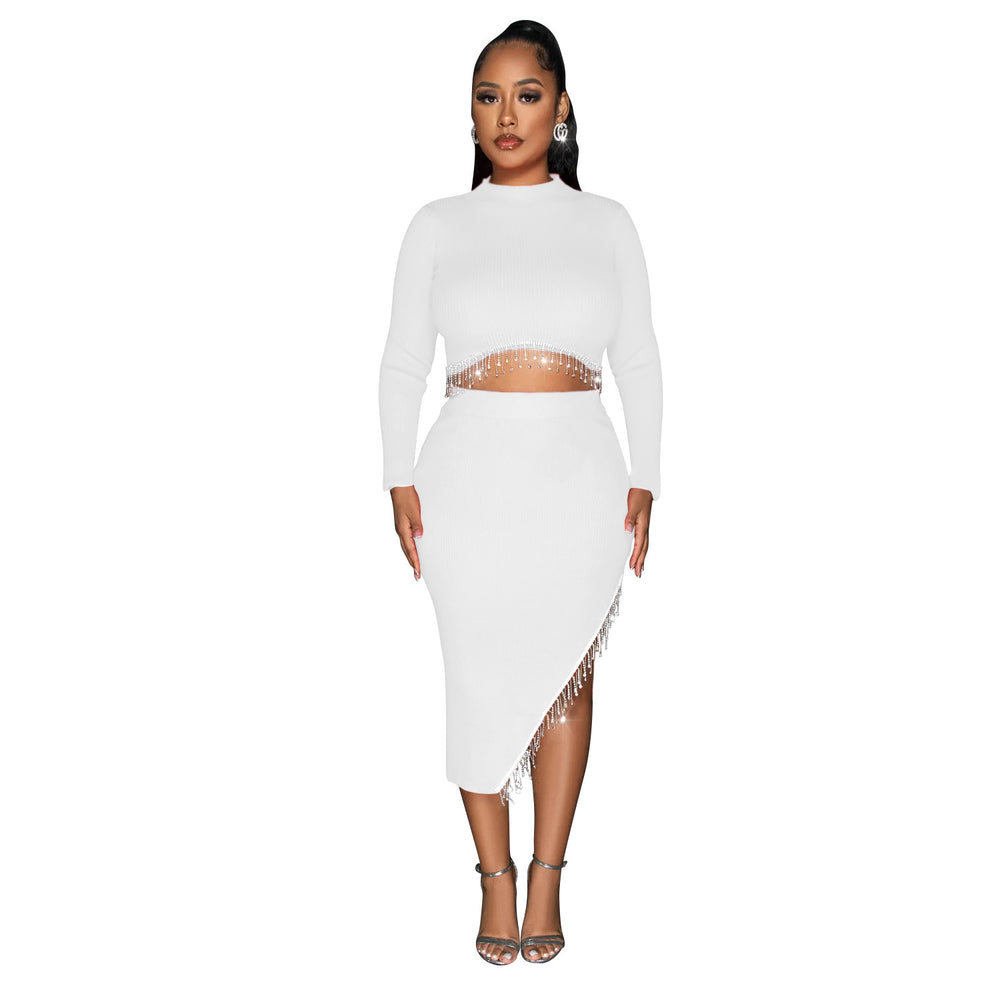 C6829 cross-border   fashion women's solid color long sleeve cropped two-piece dress set