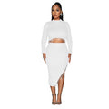 C6829 cross-border   fashion women's solid color long sleeve cropped two-piece dress set