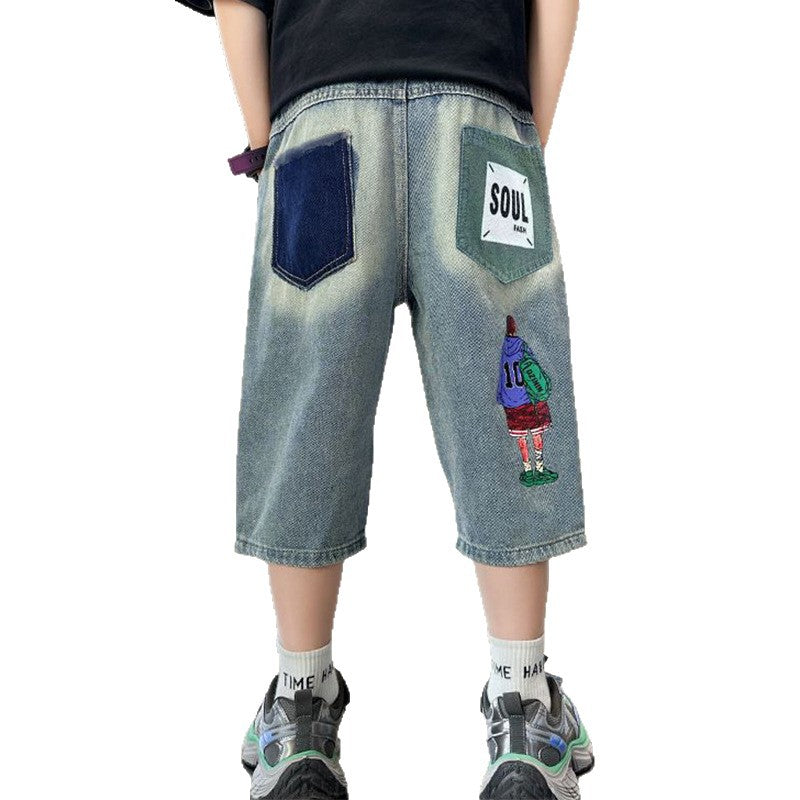 Boys' mid-length shorts - summer  new collection - kids' 5-inch shorts - big & tall boys' denim shorts - printed design
