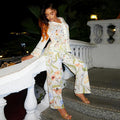 European and american women's clothing  autumn new collection: sweet and fresh printed turn-down collar long-sleeve shirt and high-waisted straight-leg pants two-piece set