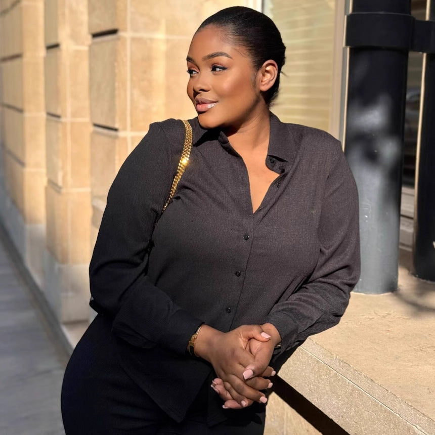 European and American large-size lapel cardigan shirt black trousers African new loose long-sleeved women's fashion two-piece set trendy