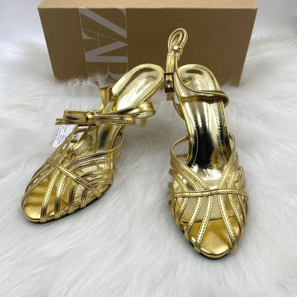 Za cross-border independent station insfashion catwalk electroplated steel heel one-word buckle strap simple open toe women's shoes sandals