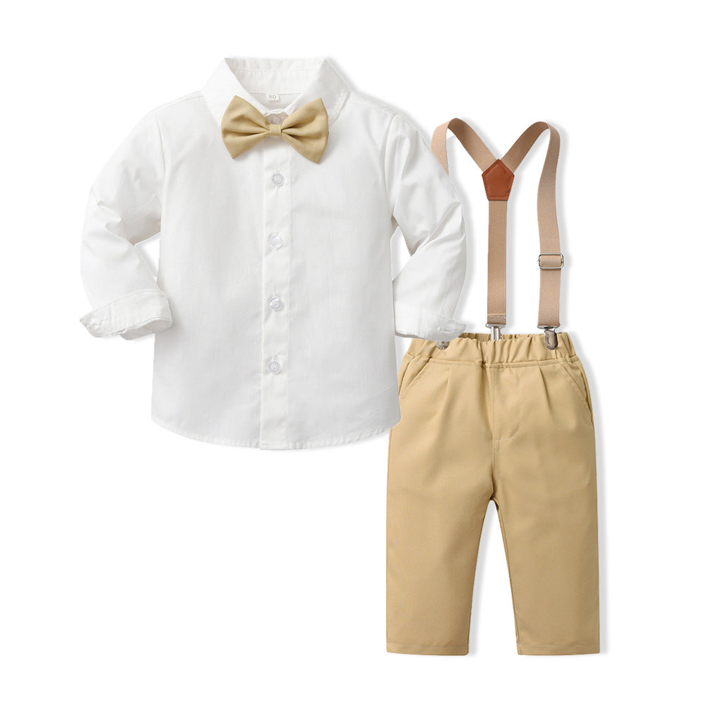 New british style boys' spring outfit: long-sleeved white shirt and suspender pants formal set - spring new arrivals for boys' clothing