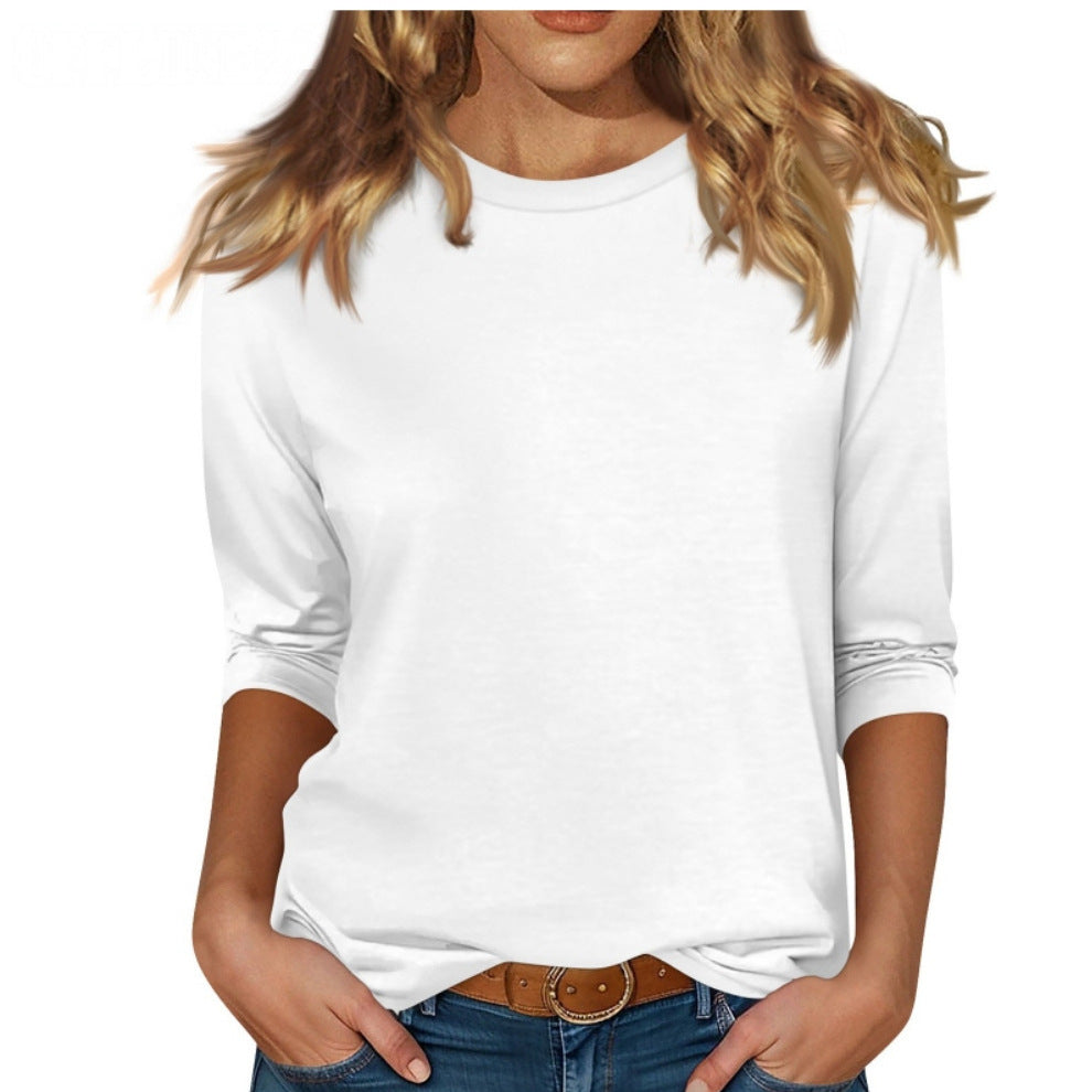 european and american cross-border  new women's round neck 7/8 sleeve solid color fleece-lined base layer top