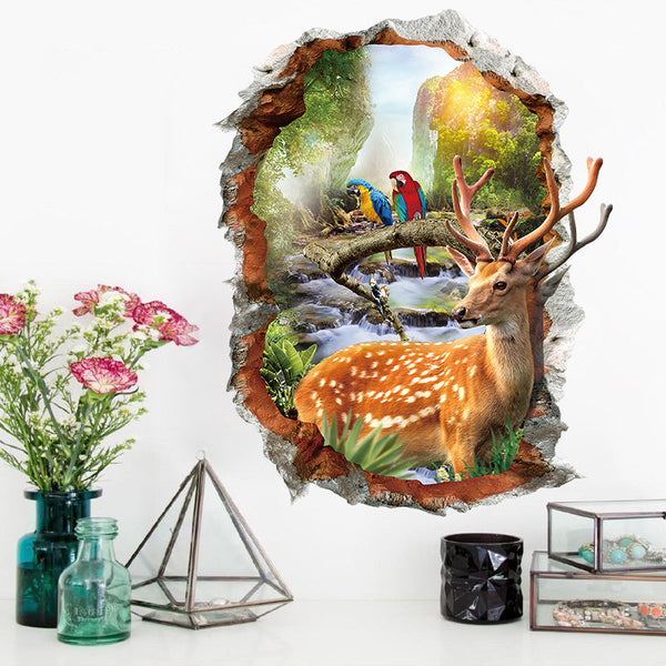 Three-dimensional 3D wall sticker hole landscape sika deer sticker self-adhesive creative background wall decoration removable painting XH7253