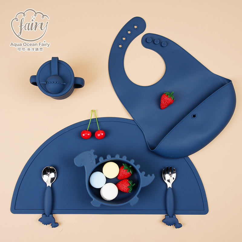 Factory custom logo baby silicone dinosaur bowl tableware set children's complementary food bowl fork spoon bib tableware set