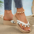 plus size beach slippers women's summer outwearthick sole high heel sandals women's tassel wedge bohemia flip-flops