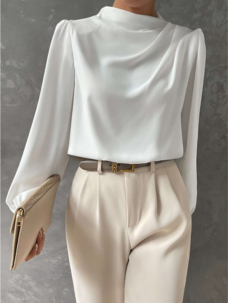 Solid color pleated women's blouse - elegant pullover satin top - new european and american style commuter long sleeve top