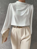 Solid color pleated women's blouse - elegant pullover satin top - new european and american style commuter long sleeve top