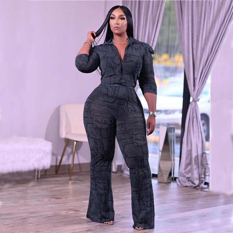 Plus size women's fashion: european & american style, cross-border , independent website, casual chic, faux denim patchwork long sleeve shirt two-piece set