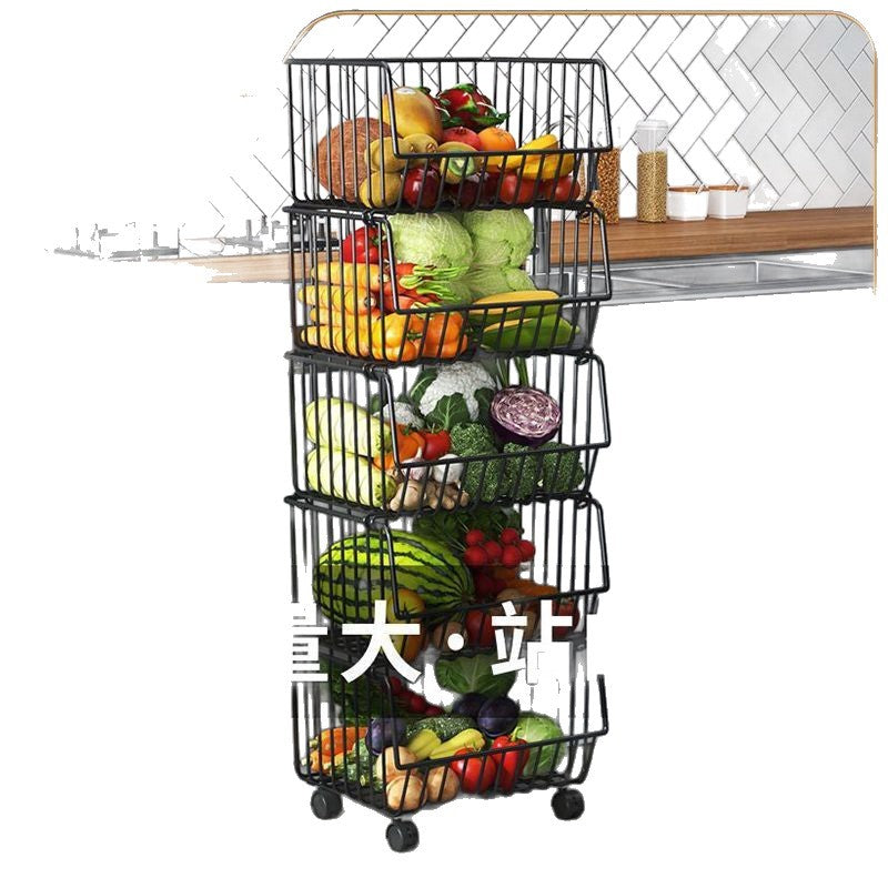 Kitchen basket storage rack, freestanding multi-tier fruit and vegetable organizer, multi-functional oven and microwave rack, pot and pan shelf