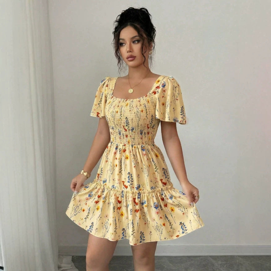 new european and american style women's floral print ruched sleeveless v-neck cinched waist backless maxi dress - perfect for vacation
