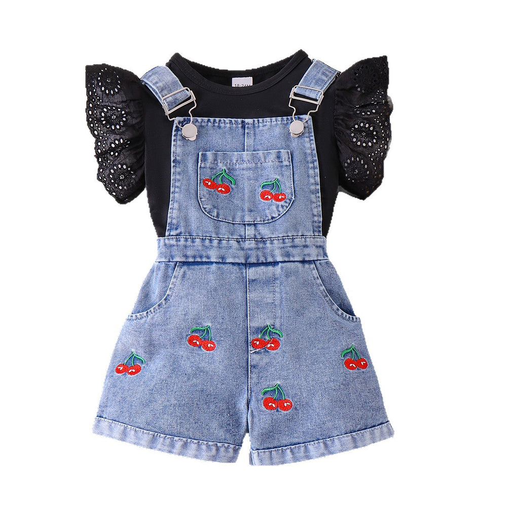 Children's clothing cross-border european and american girls black short-sleeved t-shirt + blue suspender shorts two pieces