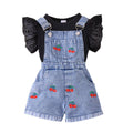 Children's clothing cross-border european and american girls black short-sleeved t-shirt + blue suspender shorts two pieces
