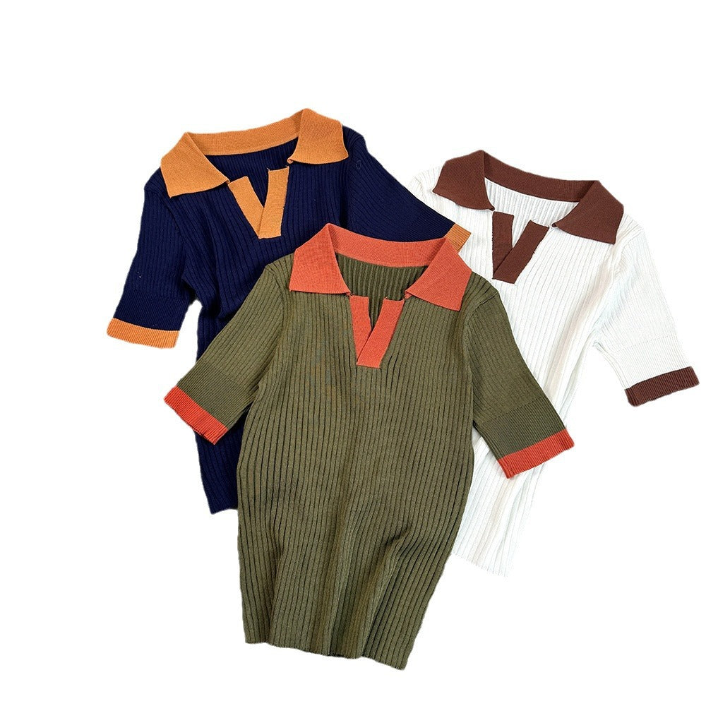 French polo collar color block knit top - women's summer slim fit short sleeve lightweight knit t-shirt - trendy outerwear