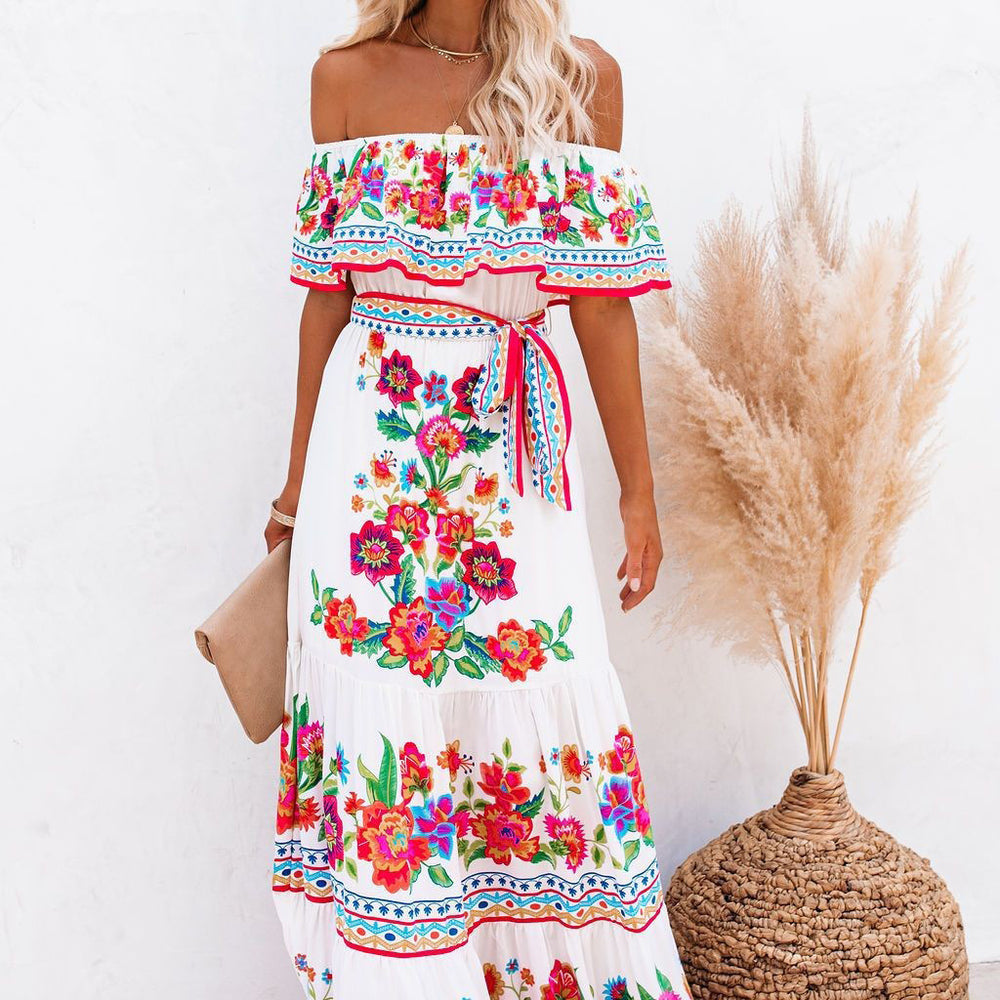 independent station new arrivalfashion spring summer one shoulder red flower printing long swing dress for women