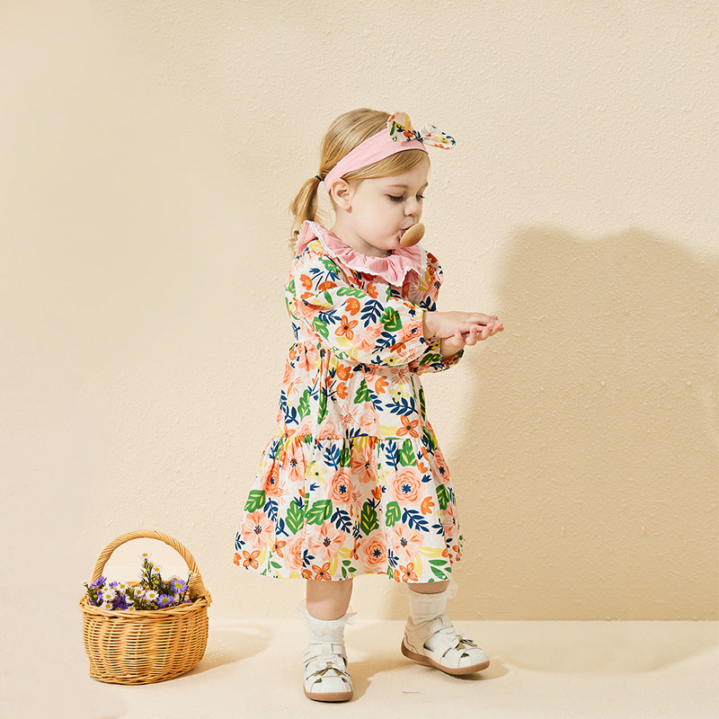 Baby long-sleeve dress, autumn  children's wear, nature print, girls' pink princess dress with bow