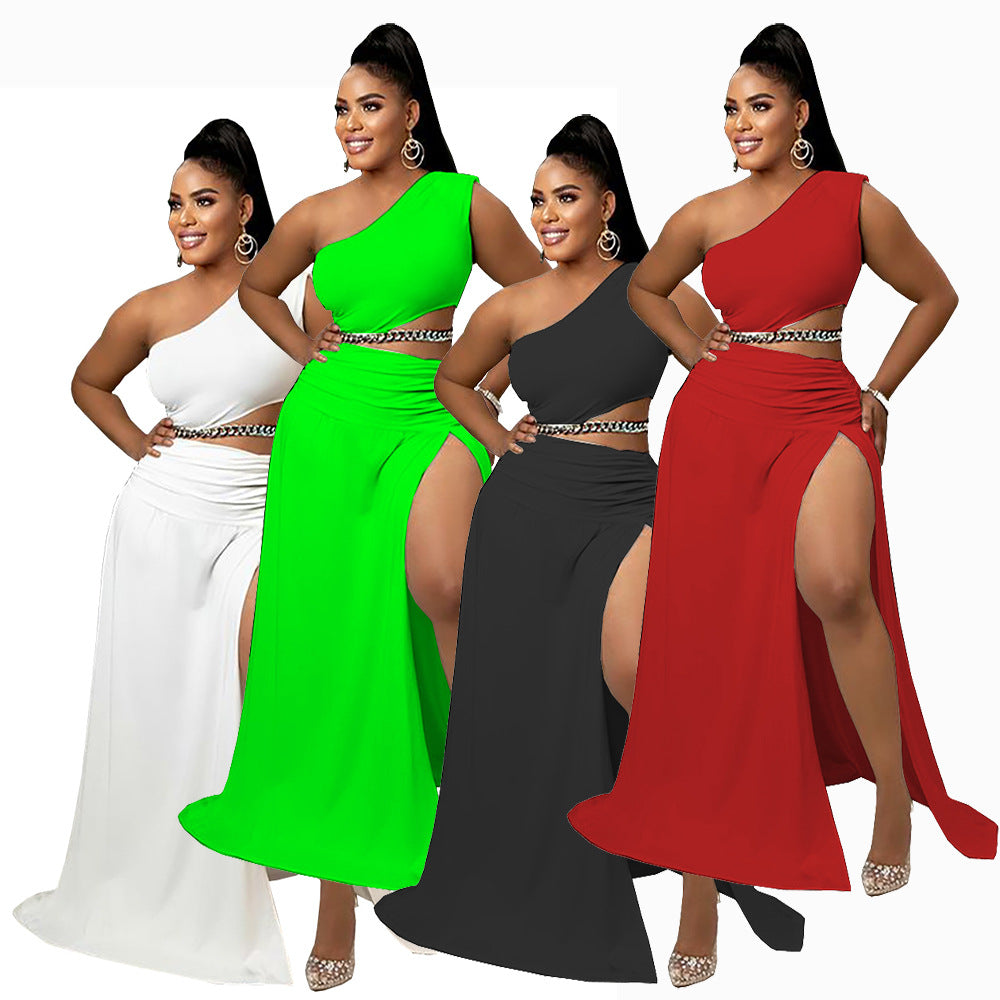 supply european and american clothing  pure color asymmetrical one-shoulder tops large slit floor-length skirt suit