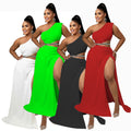 supply european and american clothing  pure color asymmetrical one-shoulder tops large slit floor-length skirt suit