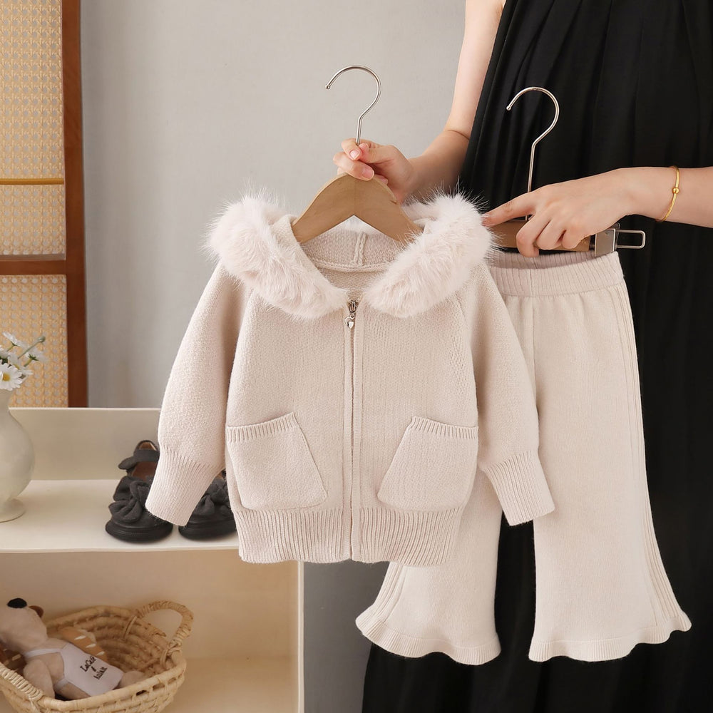 Kidssweaterfall and winter large fur collar hooded knittingcardigancasual lazy style pure color double flap pocket pantsloosesuit