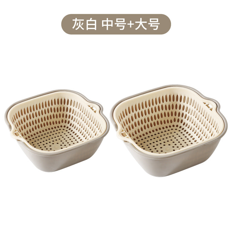Double-layer vegetable basin drain basket six-piece set kitchen fruit washing tray living room for home square vegetable washing basin vegetable basket