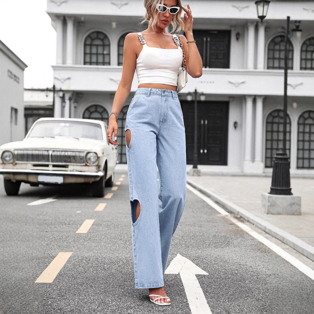 Pre-sale-15001# cross-border women's ins retro ripped women's high waist denim wide leg loose pants
