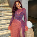 European and american style export summer slim-fit women's lightweight sheer bodycon asymmetrical skirt round neck ruched long sleeve dress