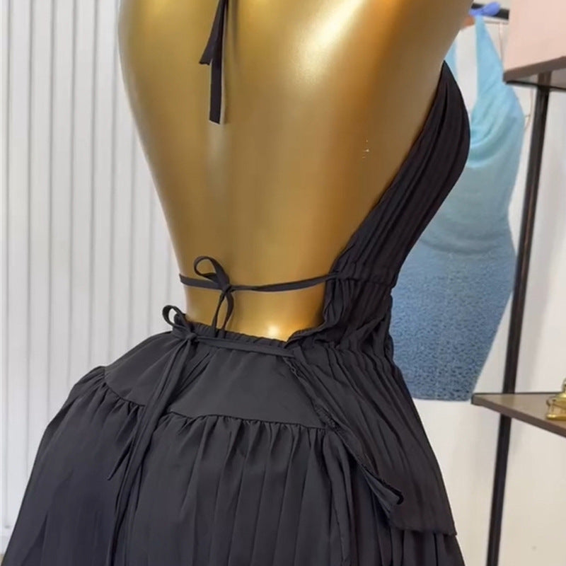 European and American  women's clothing 2025 summer new temperament fungus edge pleated halter strap-up top skirt set