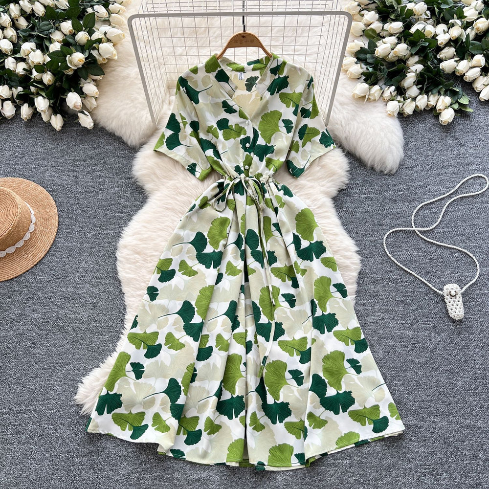 Frenchretrosense of design strappy waist short-sleeved printingdress women's summerslimming lookelegant large swing long skirt