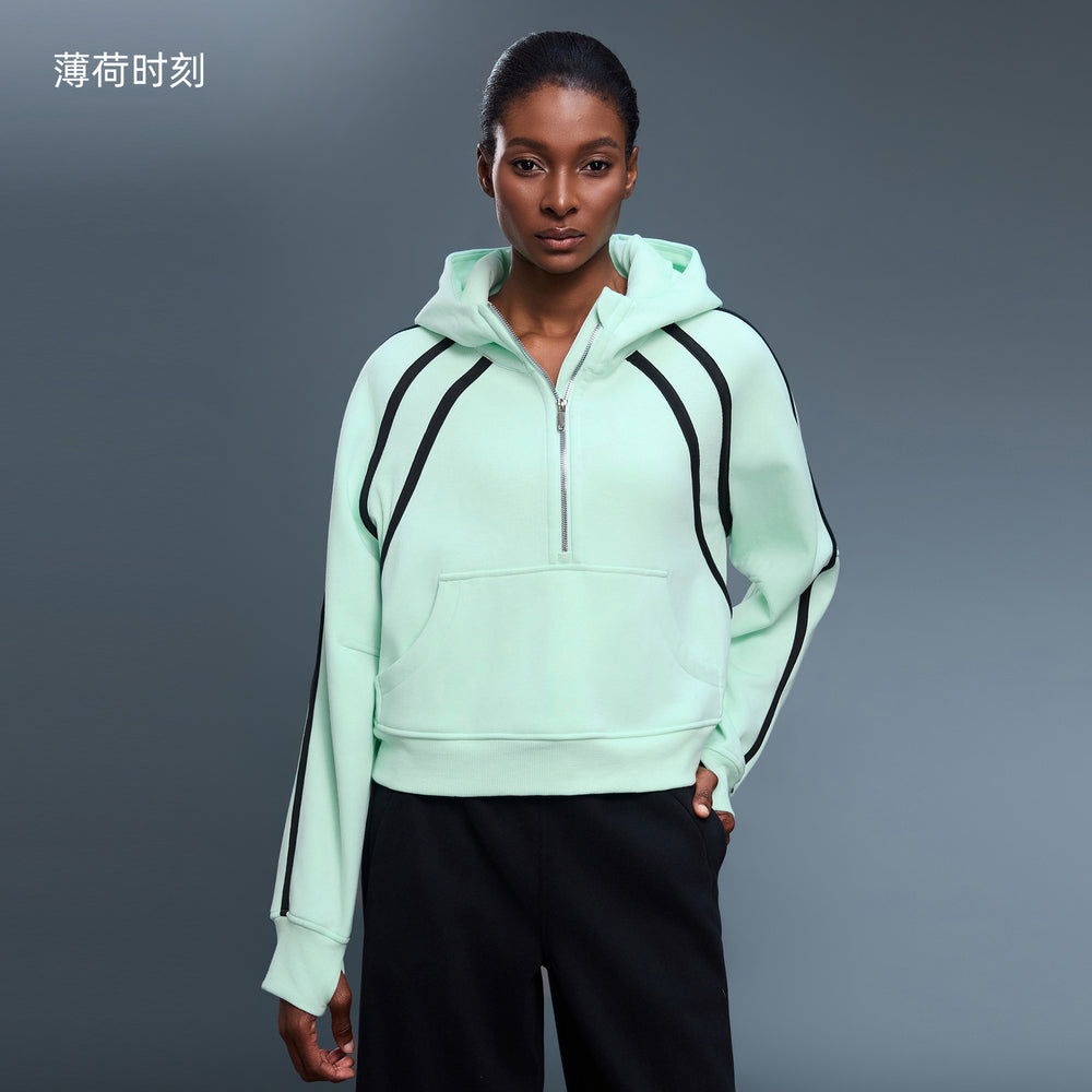 High collar half-zip hooded sweatshirt women's fleece-linedloosecontrast color sports topseasiest for matchcasualoutweard25159