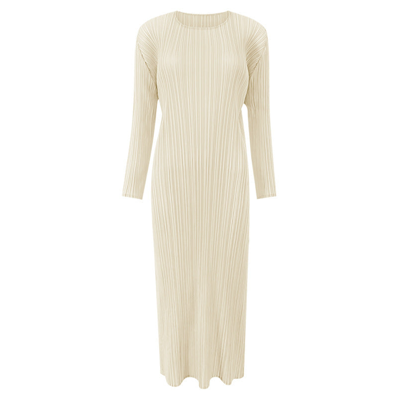 Amazon women's  european and american classic pleated long sleeve solid color midi slim fit slit dress