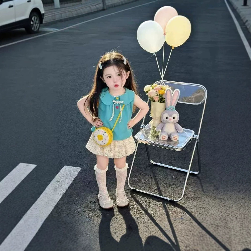 Kids forest style vest skirt two-piece setsummer travel small fresh outfit mint green tops and dot pants