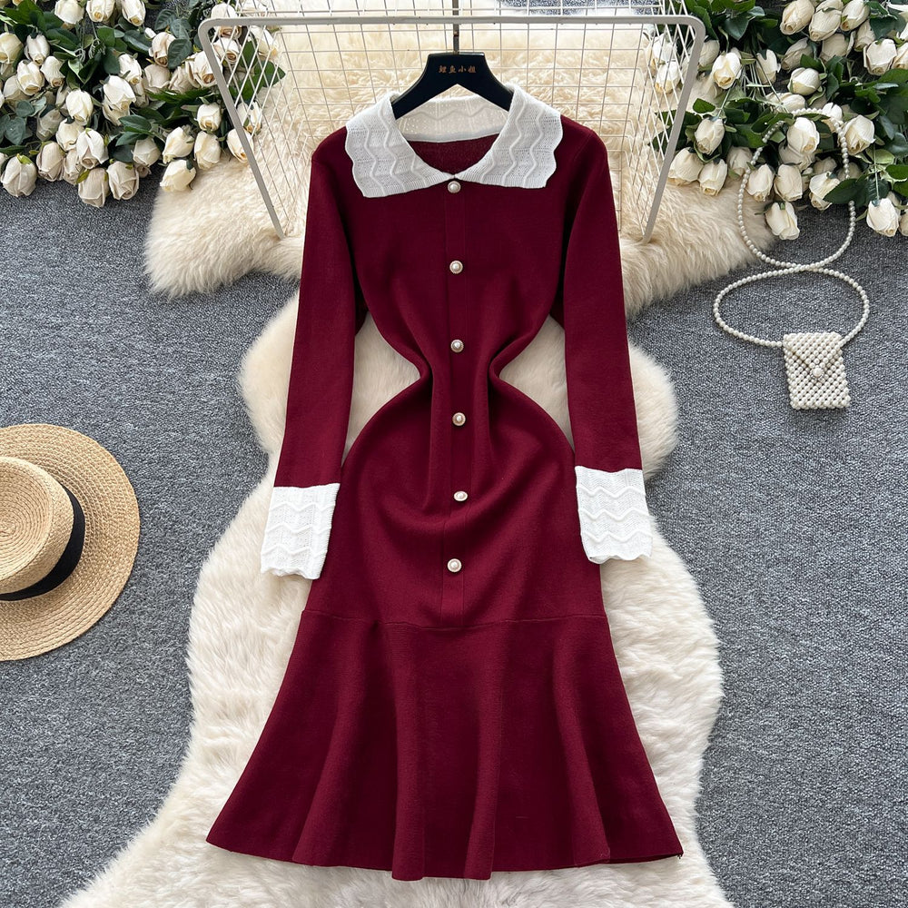 Frenchretro small fragrance style contrast color lapel long sleeves single breasted waist slimming lookelegantrufflesknittingdress