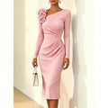 Shipped. european and american cross-border solid color floral embellished ruched waist long sleeve dress, evening gown